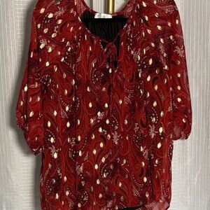 Dark Red Blouse with Gold & Cream Accents – Size 2X